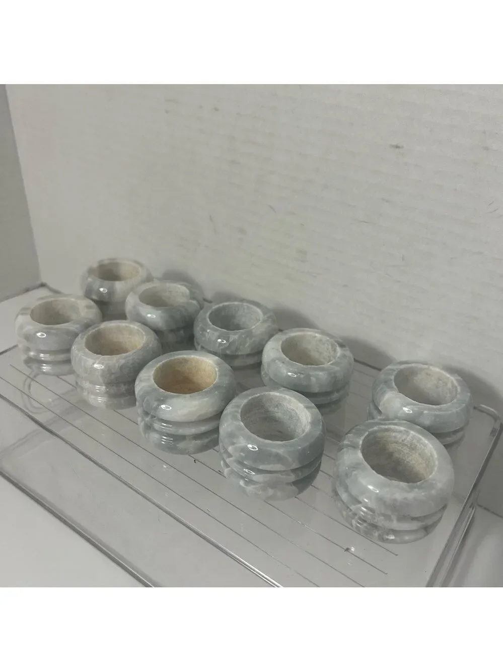 Vintage Napkin Rings Marble Ribbed Gray White Set of 10 Heavy 2x1.5” Modern
